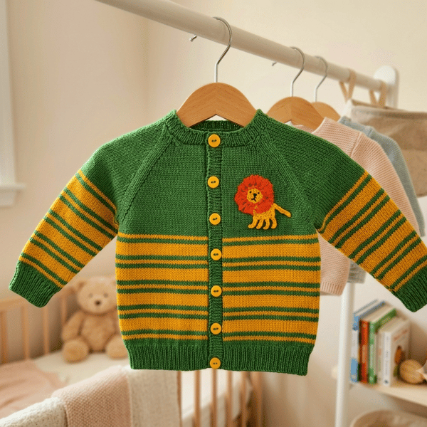 Baby Boy's Hand-knitted Cardigan, Green & Yellow with Lion Motif, 12-18 mnths