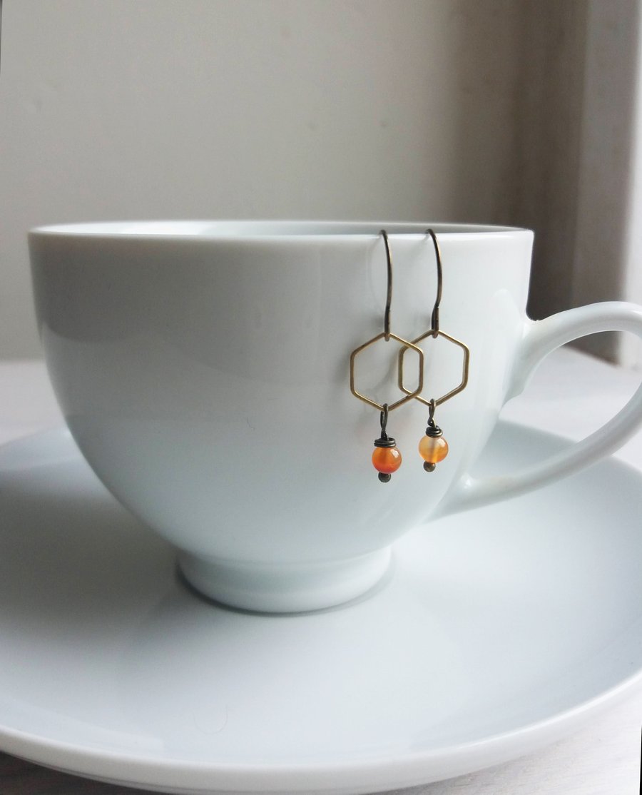 Honeycomb and Carnelian hexagon earrings - golden brass geometric shapes
