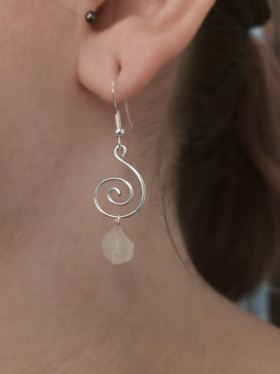 Sterling silver spiral wire dangle earrings with raw clear quartz crystal chunks