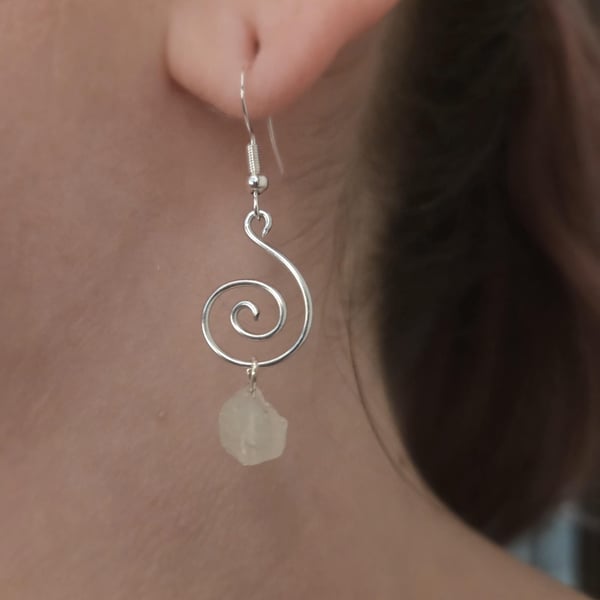 Sterling silver spiral wire dangle earrings with raw clear quartz crystal chunks