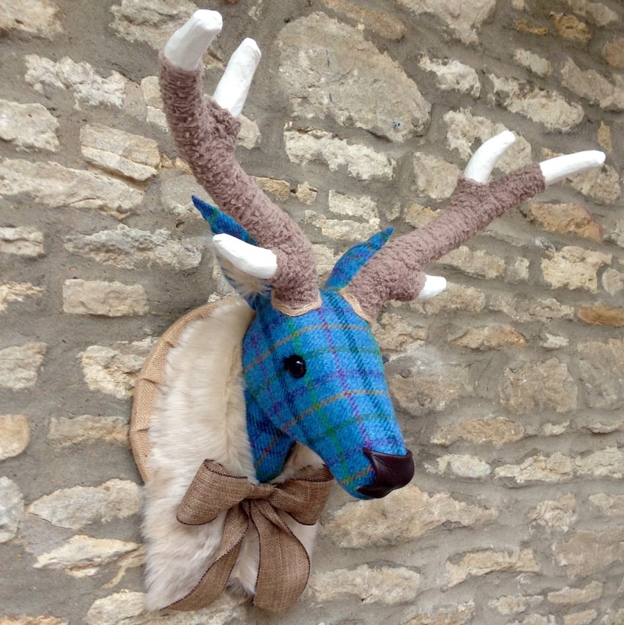 Faux taxidermy Harris tweed blue tartan check stag deer animal head wall mount