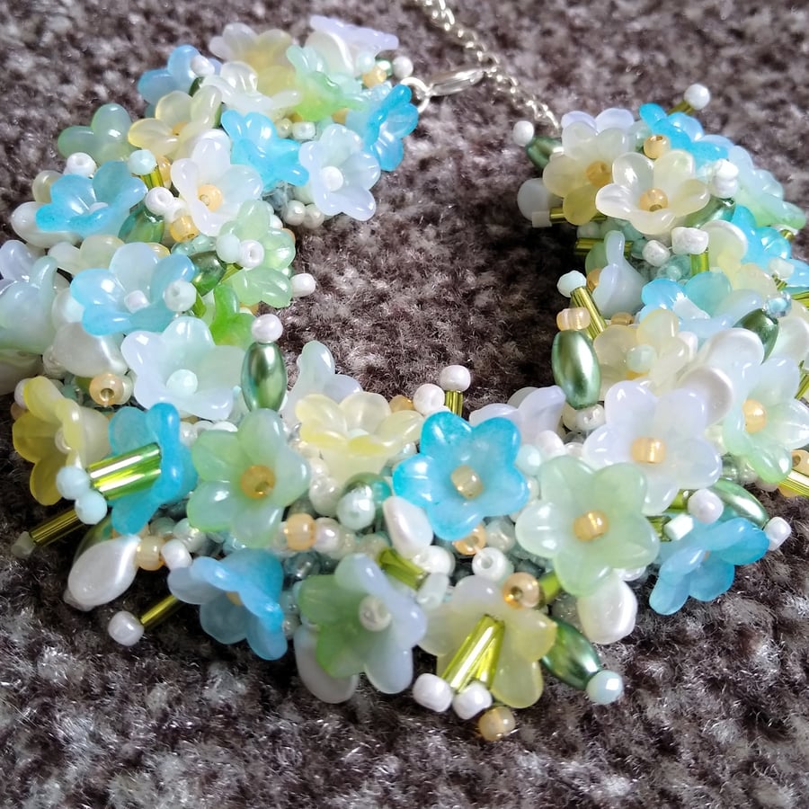 Pastel blue & Lemon Flower Hand Beaded Statement Wrist Corsage Bracelet