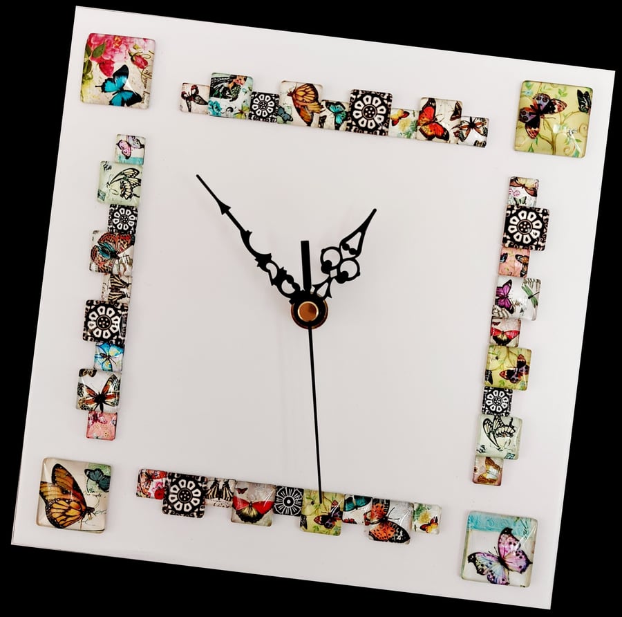 White Square Butterfly Cabochon Wall Clock 20cm x 20cm