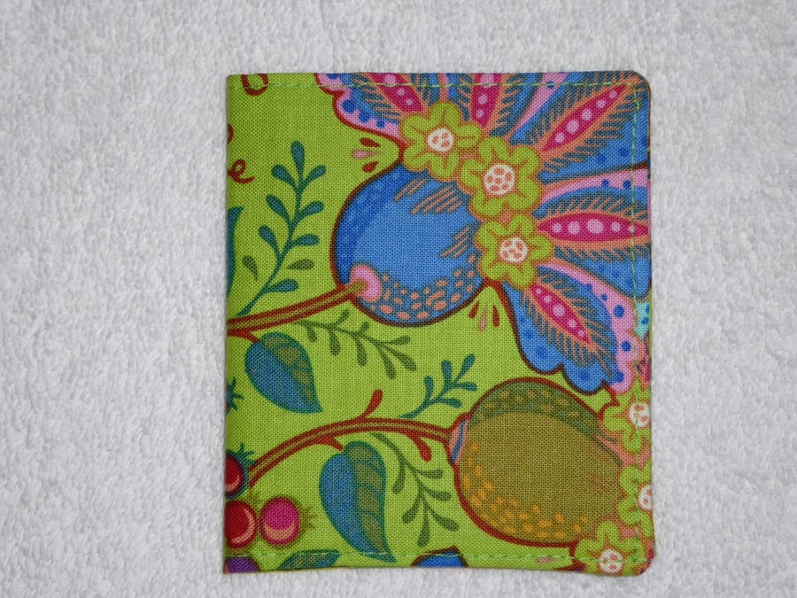 Flip Card Wallet. Folk Art Flowers on Green Print Fabric