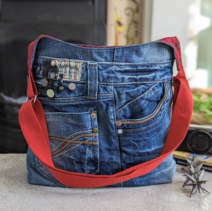 Recycled Denim Bucket Bag with Red and Green Li... - Folksy