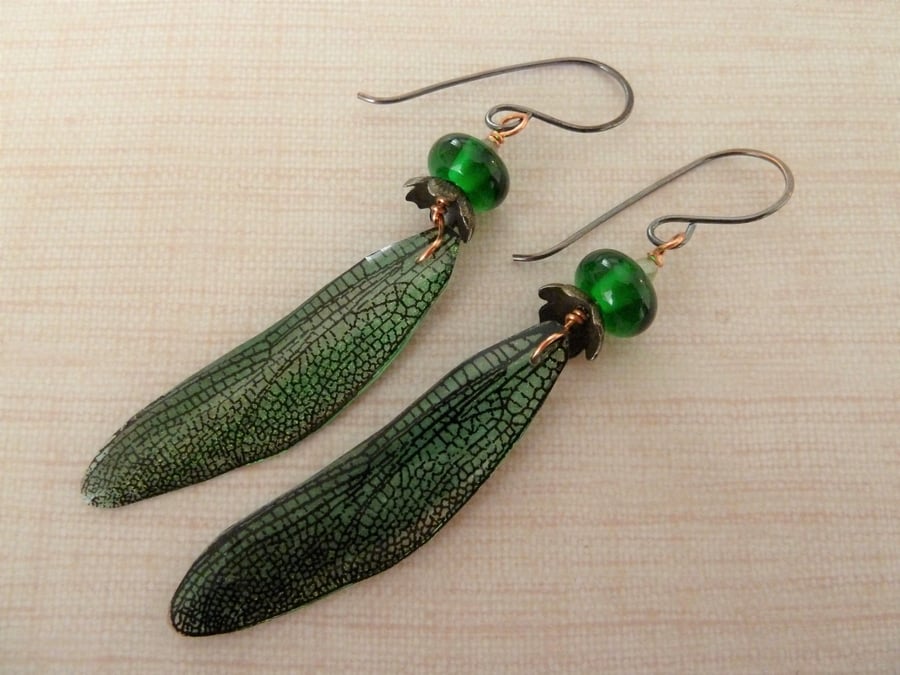 green dragonfly lampwork, copper and resin earrings