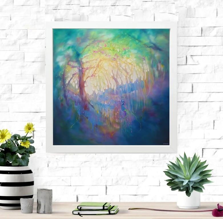 Making an Appearance is a framed canvas print of a peacock in a bluebell wood