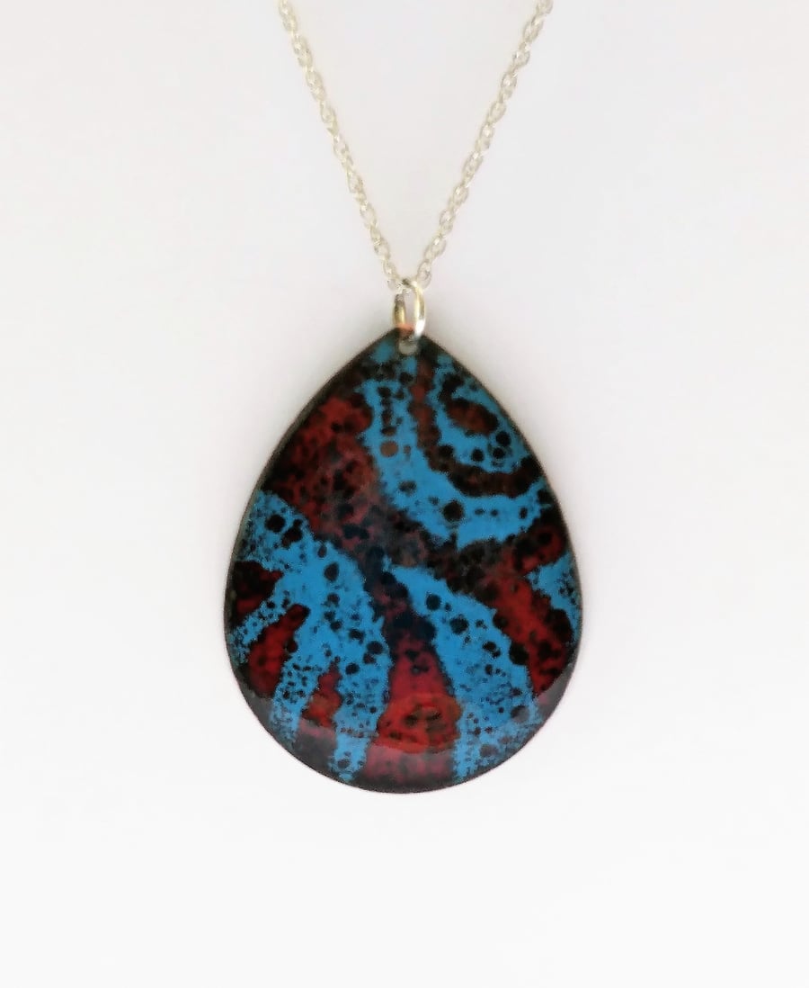 Teal and red teardrop pendant in enamelled copper 216