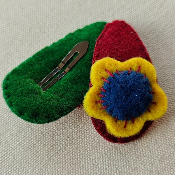 Set of 2 Felt Flower Hair Clips, Red and Yellow Floral Hair Clips, Handmade Gift