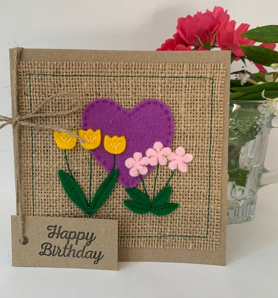 Handmade Birthday card. Heart and flowers from wool felt. Keepsake card.