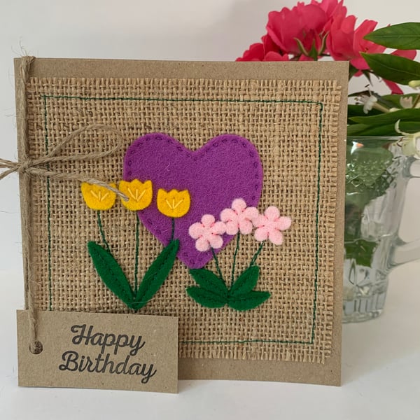 Handmade Birthday card. Heart and flowers from wool felt. Keepsake card.