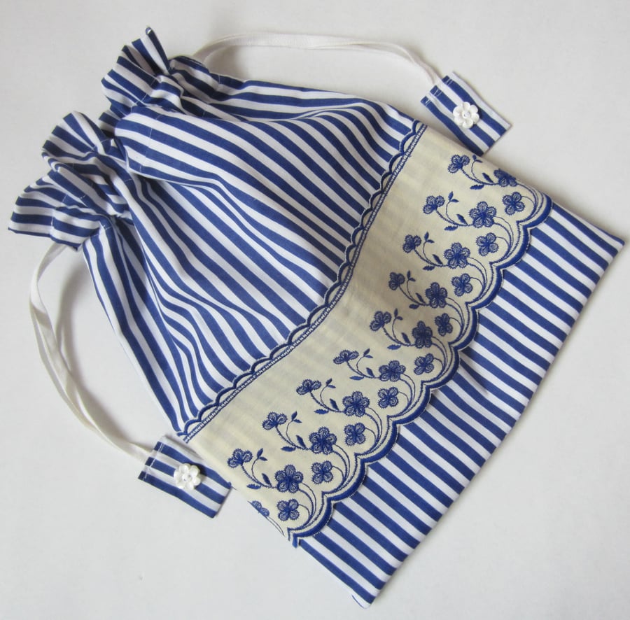 Drawstring Blue and White Striped and Floral Toiletries Wash Bag