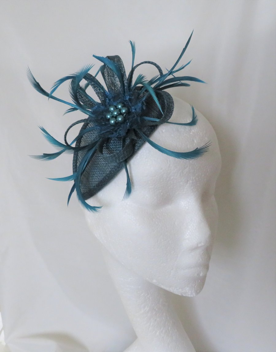 Dark Teal Petrol Blue Sinamay and Feather Fascinator for a Wedding Ascot Races