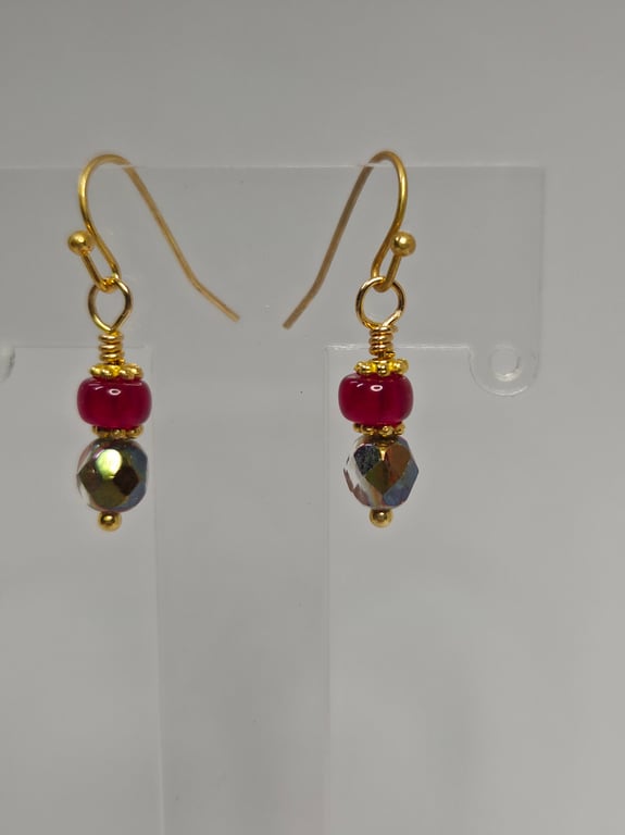 Ruby Glow & Champagne Crystal Drop Earrings – Gold Tone