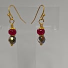 Ruby Glow & Champagne Crystal Drop Earrings – Gold Tone