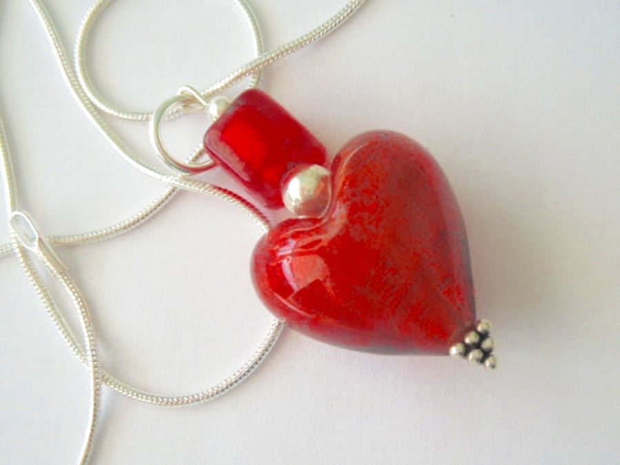 Murano glass red handmade heart pendant with sterling silver.