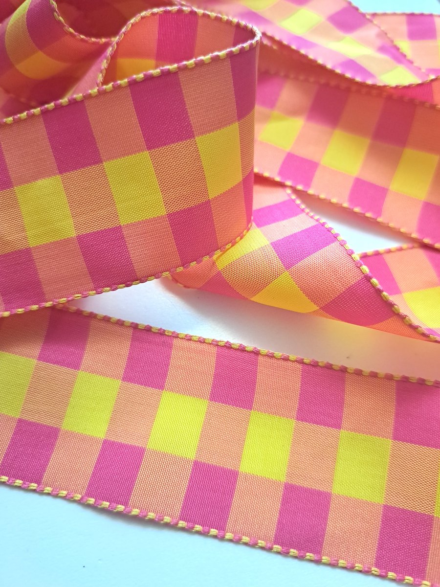 3 metres of bright pink and yellow checked ribbon, 36mm wide