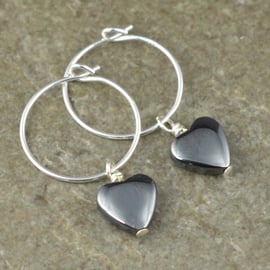 Boho 8mm Grey Haematite Heart Gemstone & 15mm Sterling Silver Hoop Earrings