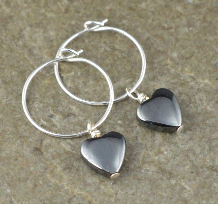 Boho 8mm Grey Haematite Heart Gemstone & 15mm Sterling Silver Hoop Earrings