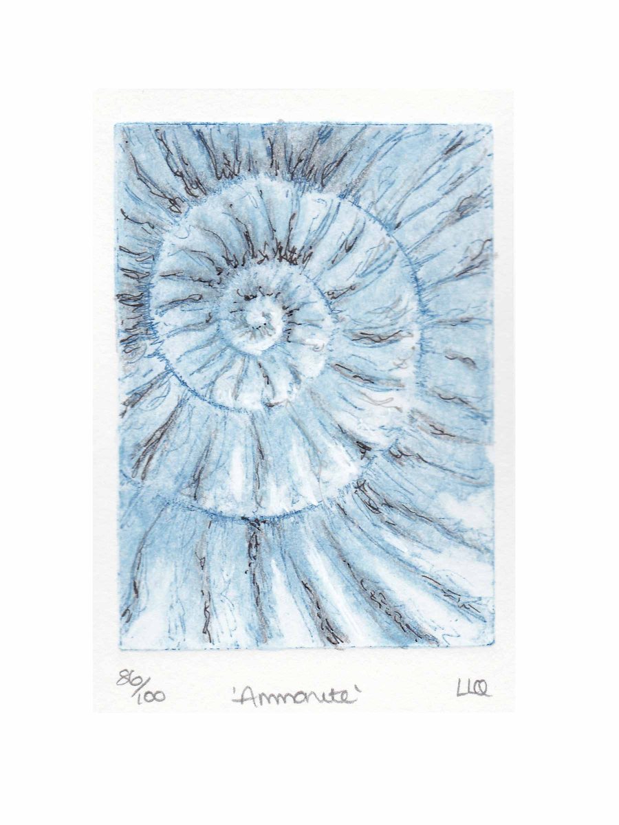 Etching no.86 of an ammonite fossil with mixed media in an edition of 100