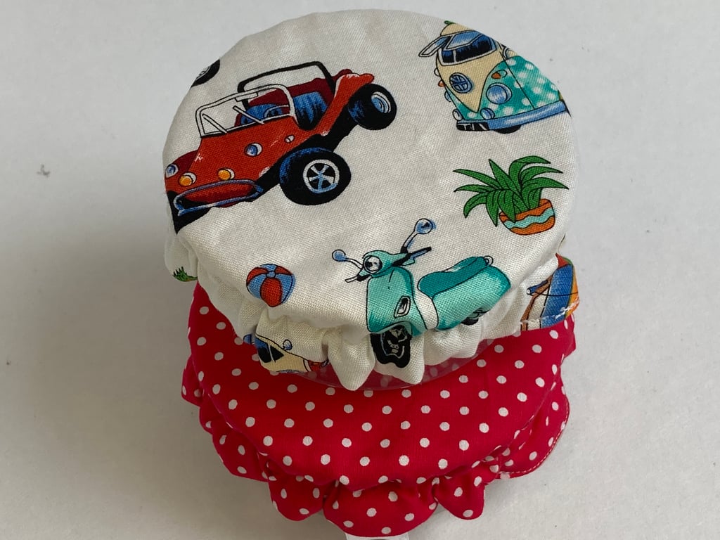 Extra small bowl covers for dips. Set of two. Red and vehicle designs
