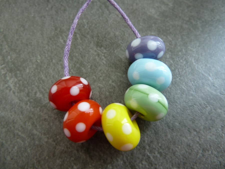 rainbow lampwork glass beads, white spots
