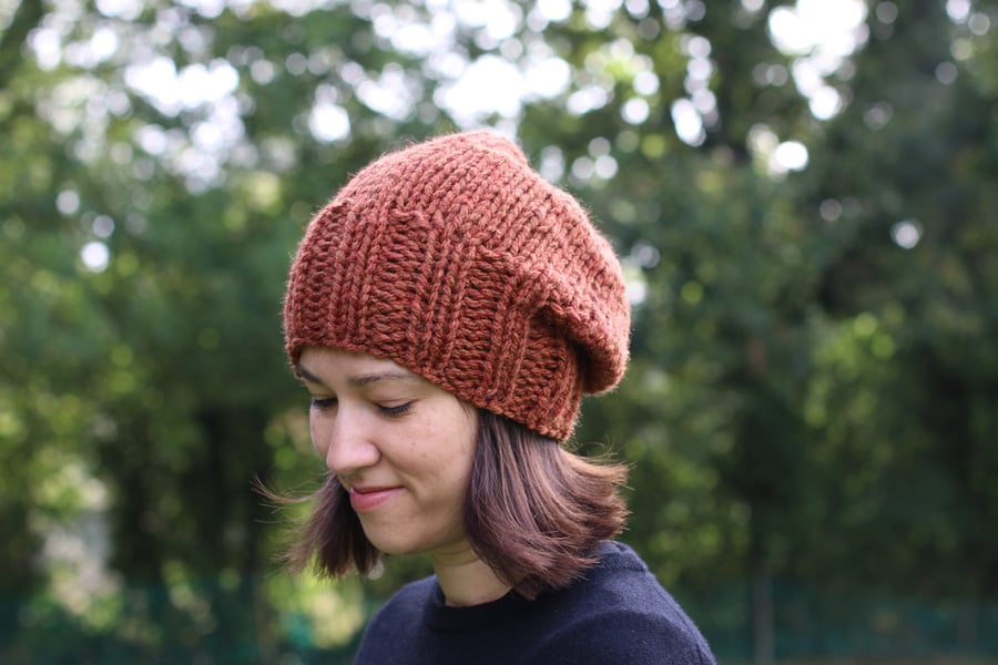 Hand Knitted Slouchy Beanie, Seamless Chunky Winter Hat Old Copper
