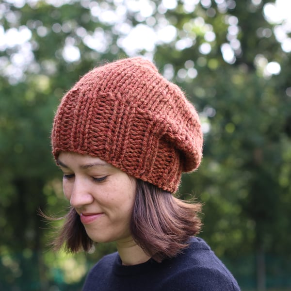 Hand Knitted Slouchy Beanie, Seamless Chunky Winter Hat Old Copper