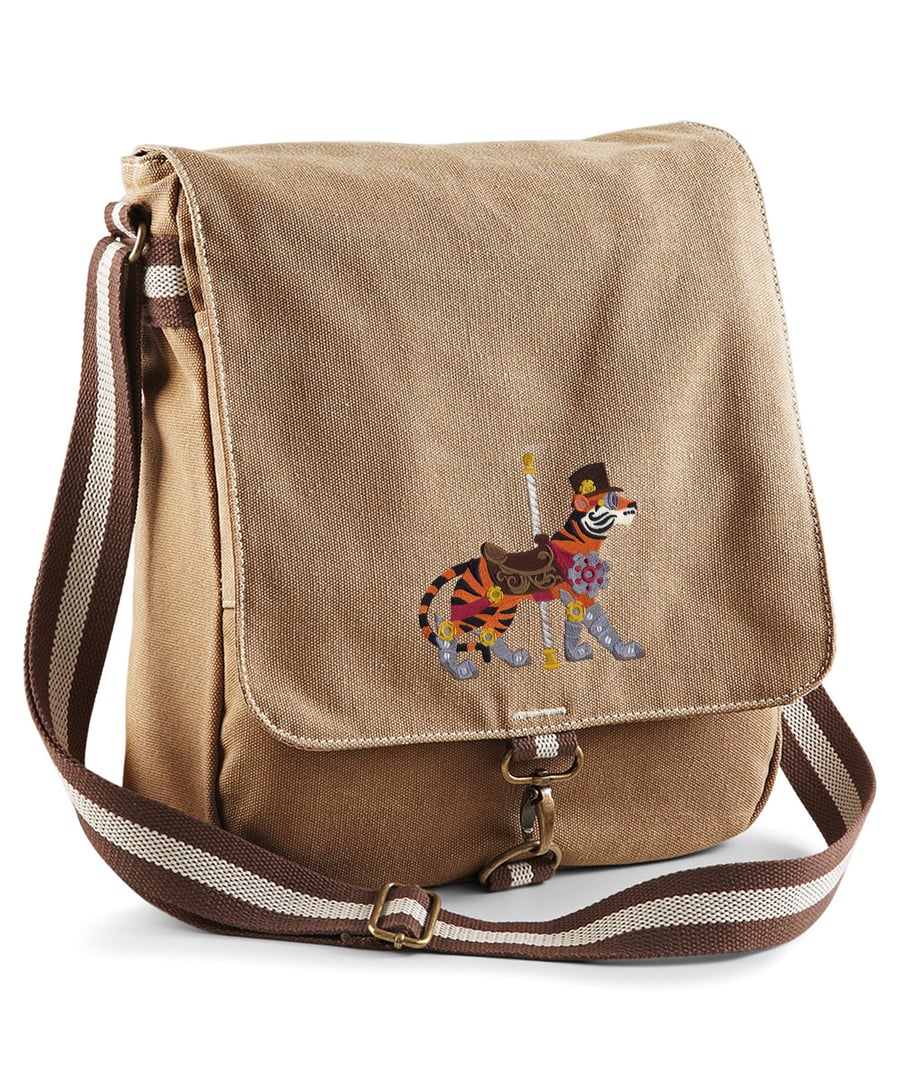 Steampunk Carousel Tiger Embroidered Canvas Field Bag