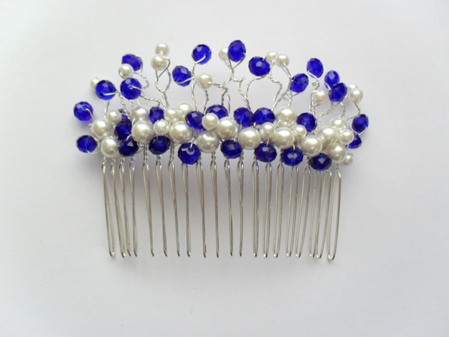 SALE Blue Crystals and Glass Pearl Hair Comb HC012