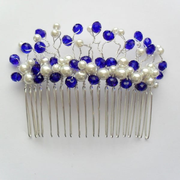 SALE Blue Crystals and Glass Pearl Hair Comb HC012