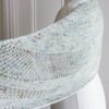 Reversible shawl or scarf in a crescent shape, hand knit in pretty pale blue