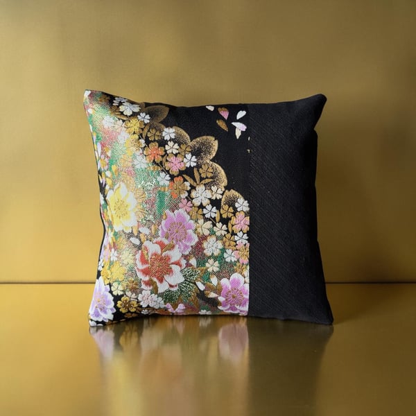 Japanese Cherry Blossom Embroidery Silk Cushion Made From Vintage Obi Colour