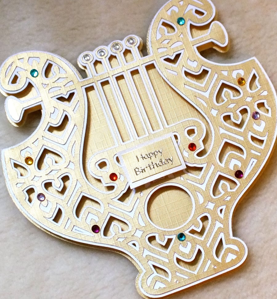 Luxury Handmade Medieval Harp Birthday Card