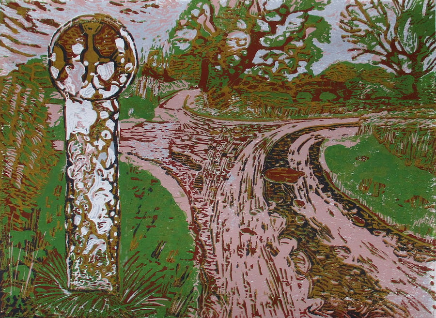 Ancient Cross, Alveley Shropshire Original Hand Pressed Limited Edition Linocut 