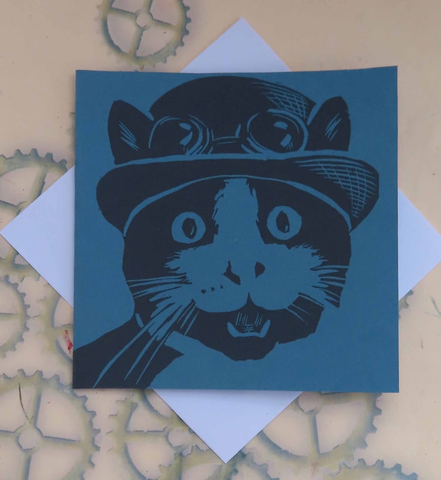 Steampunk Cat Art Greeting Card From Original Lino Cut Print Blue
