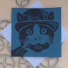 Steampunk Cat Art Greeting Card From Original Lino Cut Print Blue