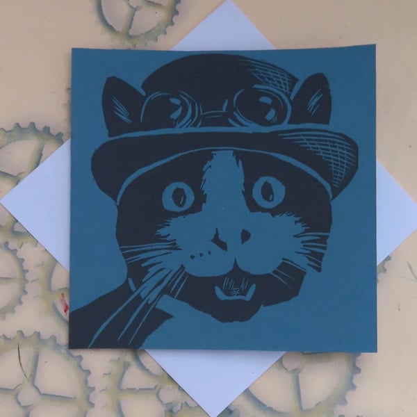 Steampunk Cat Art Greeting Card From Original Lino Cut Print Blue