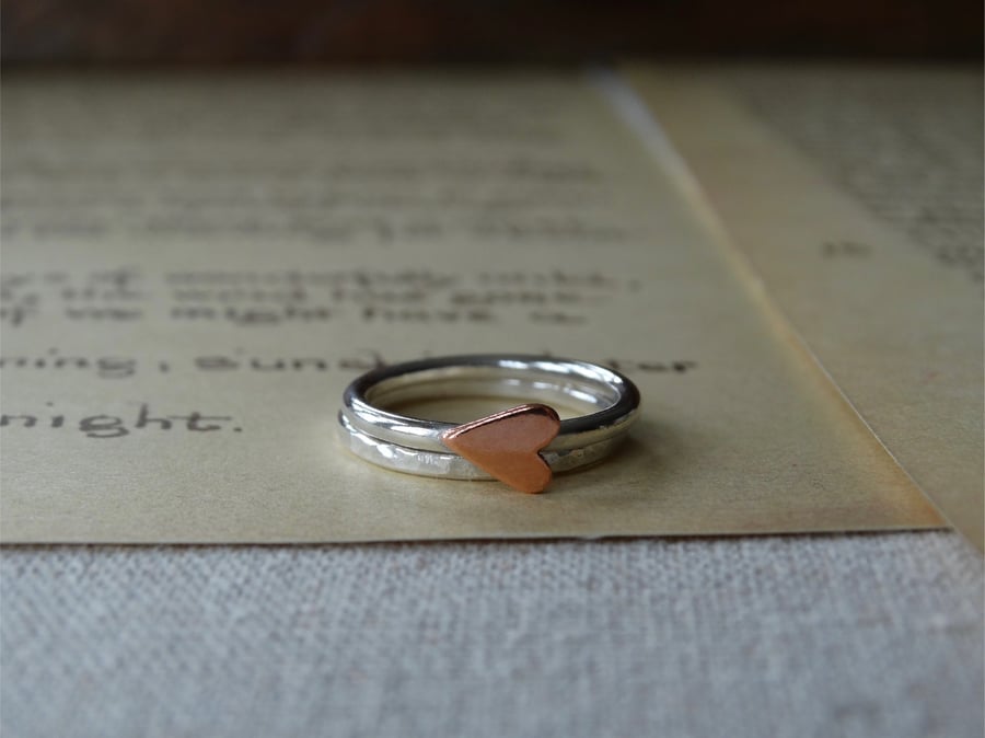 Silver stacking rings with copper heart - recycled silver 