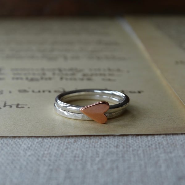 Silver stacking rings with copper heart - recycled silver 