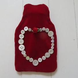 Red velvet hot water bottle cover with button heart