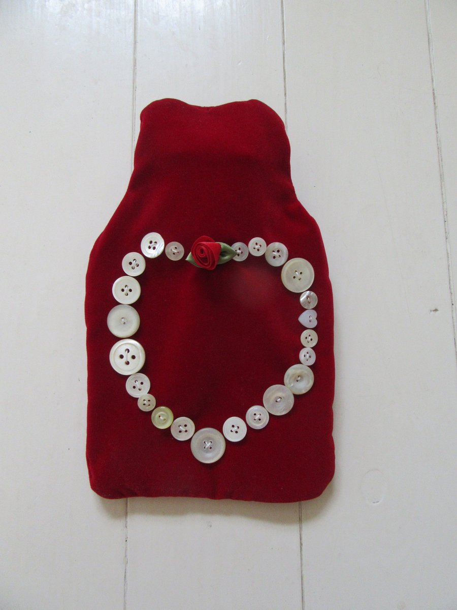 Red velvet hot water bottle cover with button heart