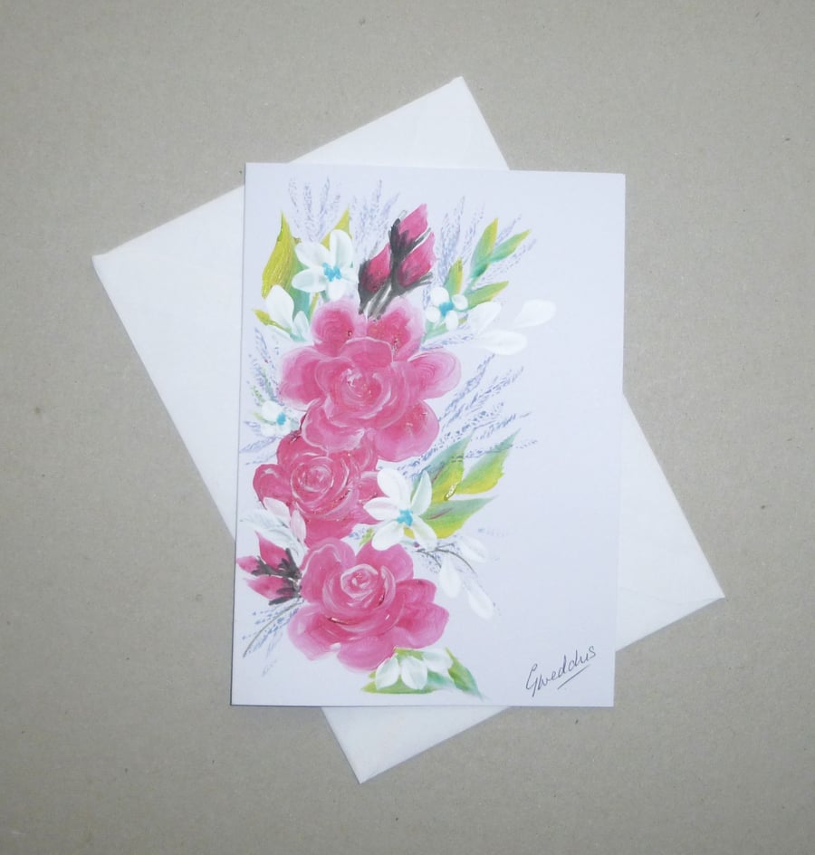 hand painted roses floral blank greetings card ( ref F 866 G6 )