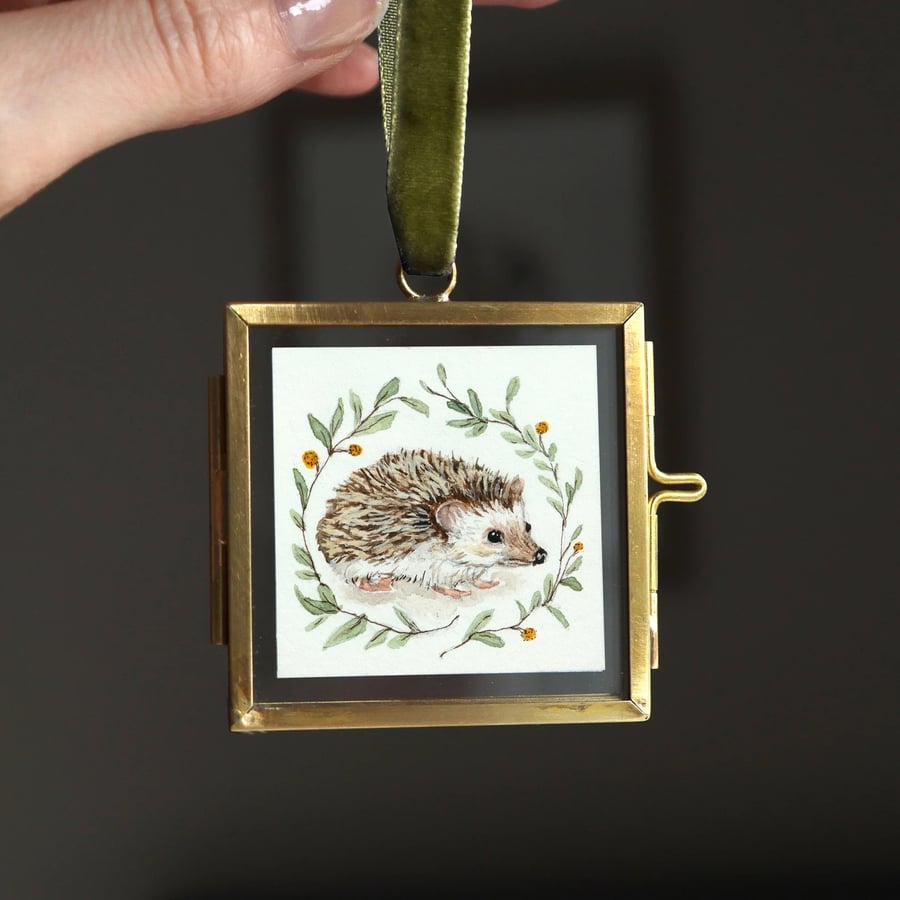 Original Watercolour Hedgehog Miniature Painting, Mini Brass Hanging Frame