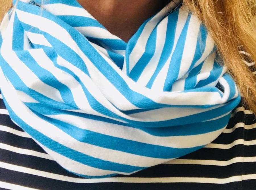 Jewells Made in Cornwall jersey infinity scarf blue & white striped Cornish