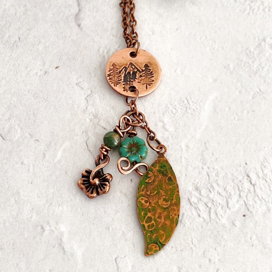 Copper leaf and flower charm necklace