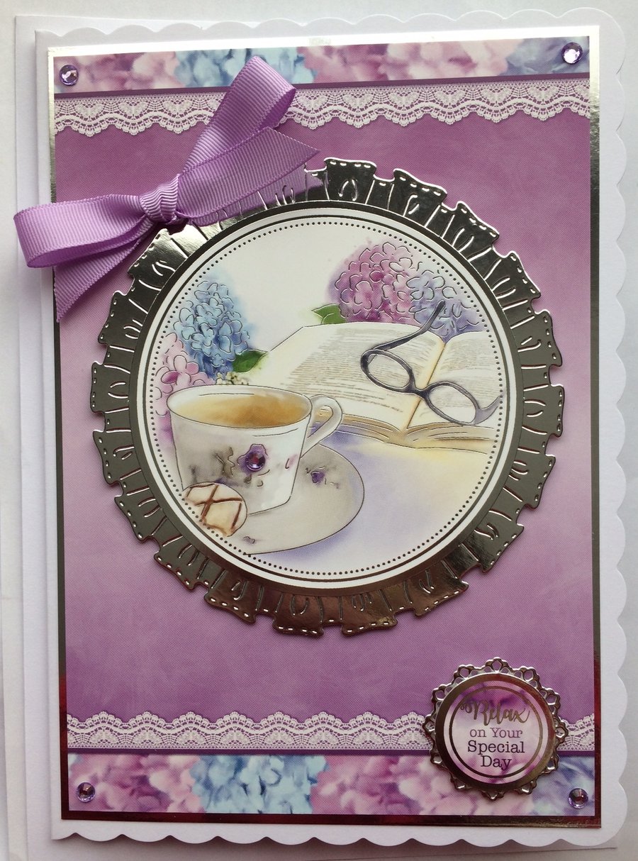 Birthday Card Relax on Your Special Day Hydrangeas Book Cup of Tea