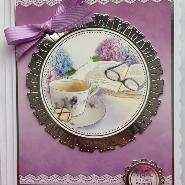 Birthday Card Relax on Your Special Day Hydrangeas Book Cup of Tea