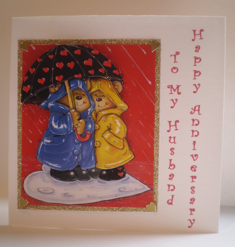 Handmade Decoupage,3D, Anniversary,husband Card, Teddies under an Umbrella
