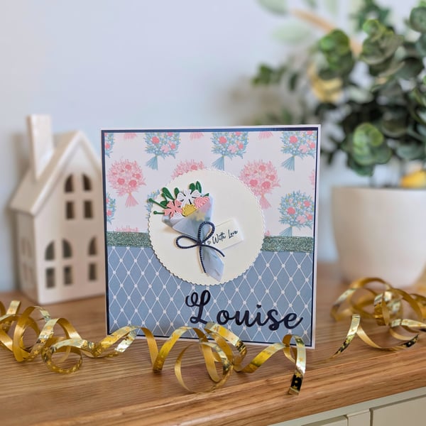 Blue Blooming Bouquet Personalised Birthday or Thank You Card